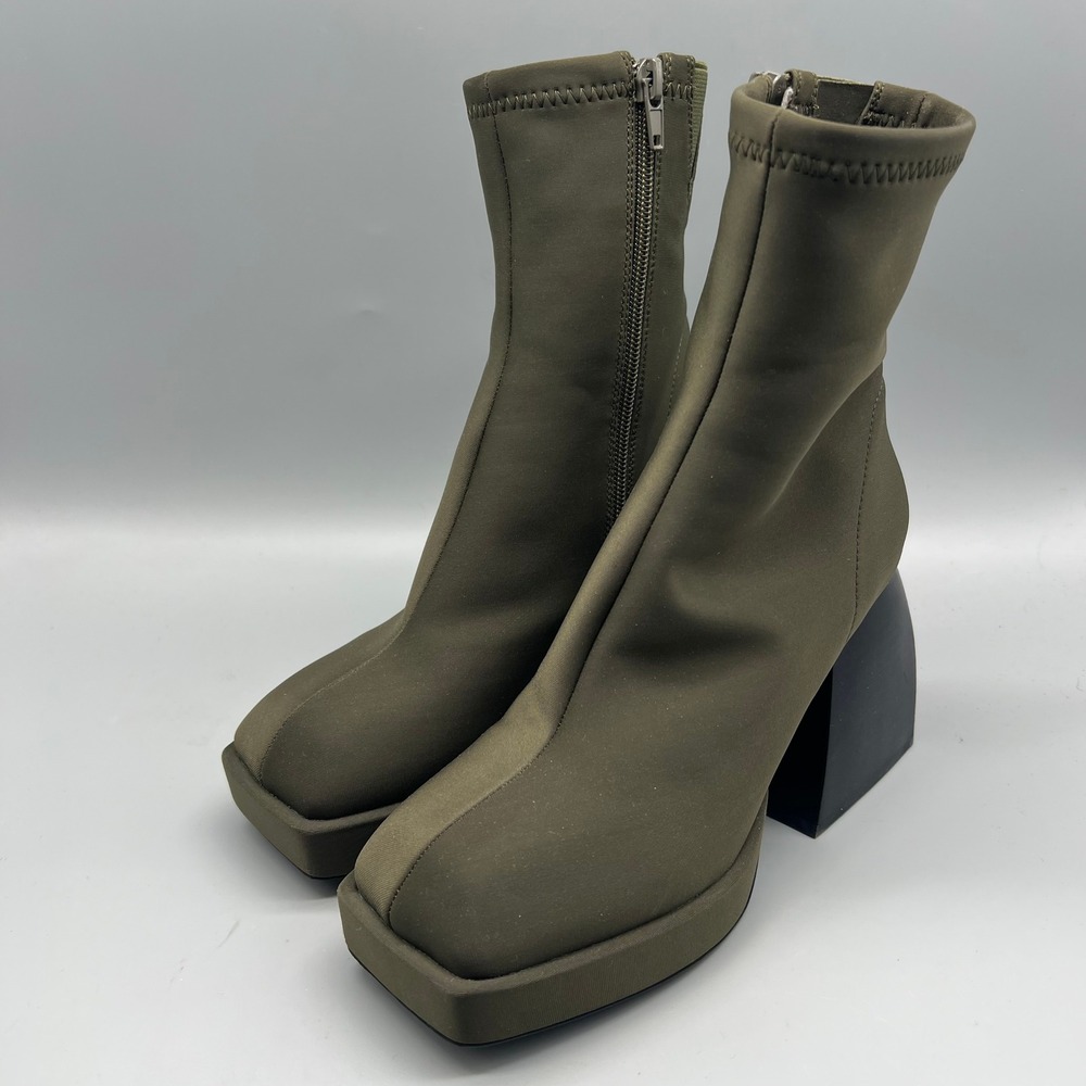 Jeff Campbell Dauphin Platform Boots Womens 5.5 Olive‎ Green Square Toe Sock EUC